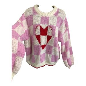 Luna‎ Ivy pink white checkered red white heart crochet style slouchy sweater